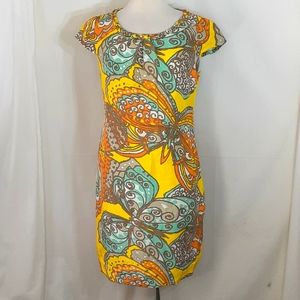 Kate Spade butterfly dress teal yellow orange beige size large